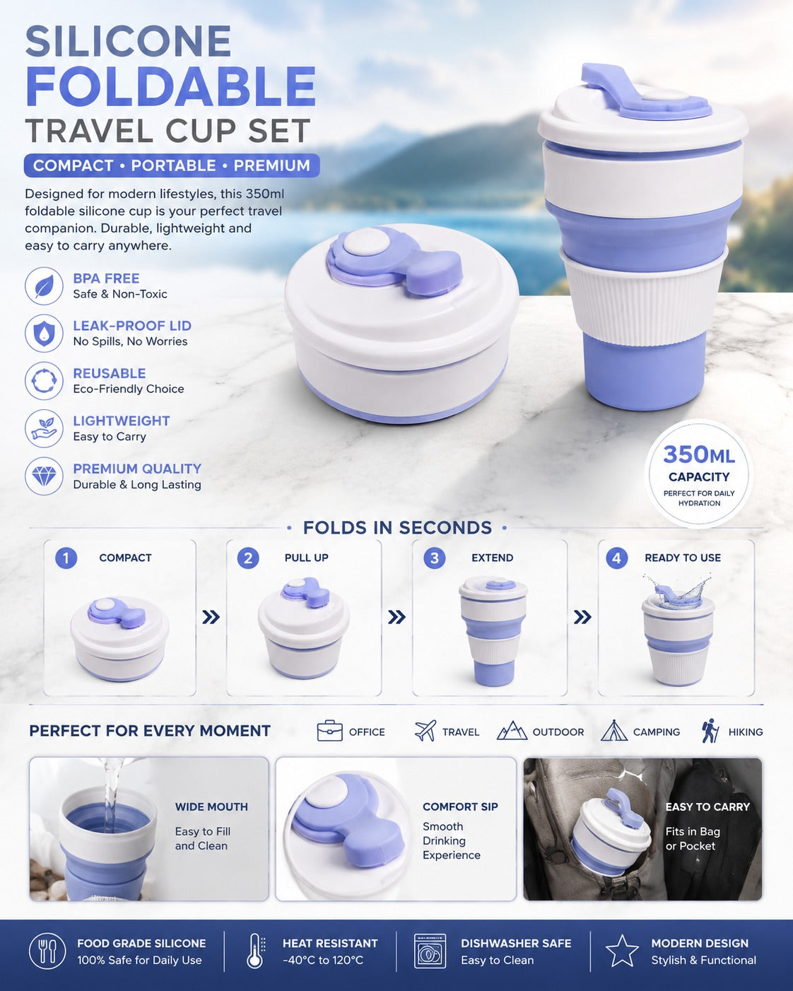 Pack of 3 Silicon Foldable Travel Cup